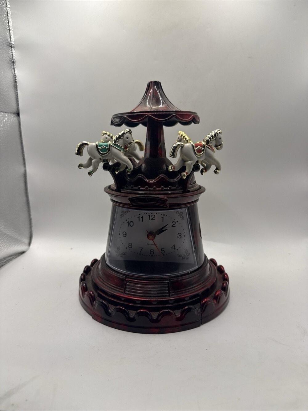 Vintage Musical Carousel Horse Quartz Clock Burgundy 8” Working Music *